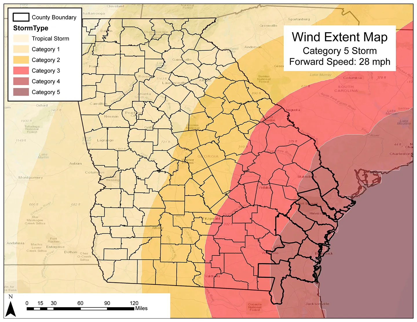 As part of this study, our firm provided inland wind decay maps to demonstrate the potential wind hazards for non-coastal counties of Georgia as a result of a landfalling hurricane.