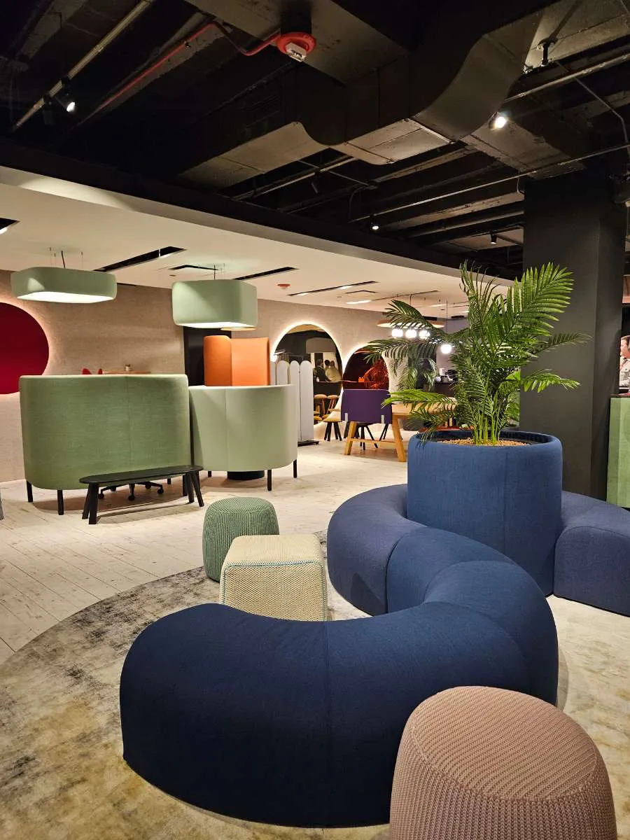 The curves in the furniture as well as earth tones such as blues and greens are influenced from natural forms. The planters are incorporated to bring a biophilic element into the workplace.