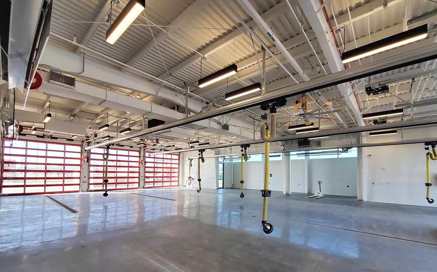 The fire station includes a three-bay facility, including support areas for equipment and fire operations as well as fire training, living, and bunking.