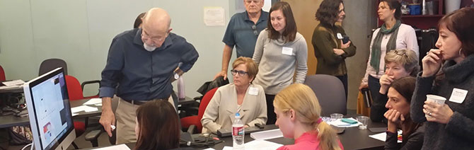 Geodesign pioneer Professor Carl Steinitz, Harvard Graduate School of Design, leads participants in the geodesign workshop using the web-based GIS tools to construct the hypothetical expansion of the ASU West Campus urban and regional plan.