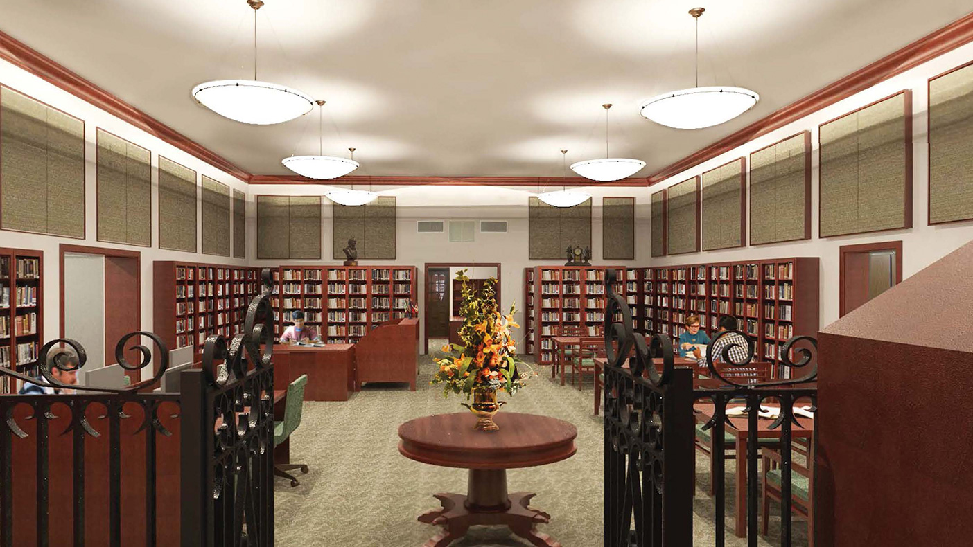 The new reading room includes glass-enclosed bookshelves and a much larger, secure vault. New carpet and acoustical panels create a quiet research environment, while indirect lighting provides an even, flexible light source.