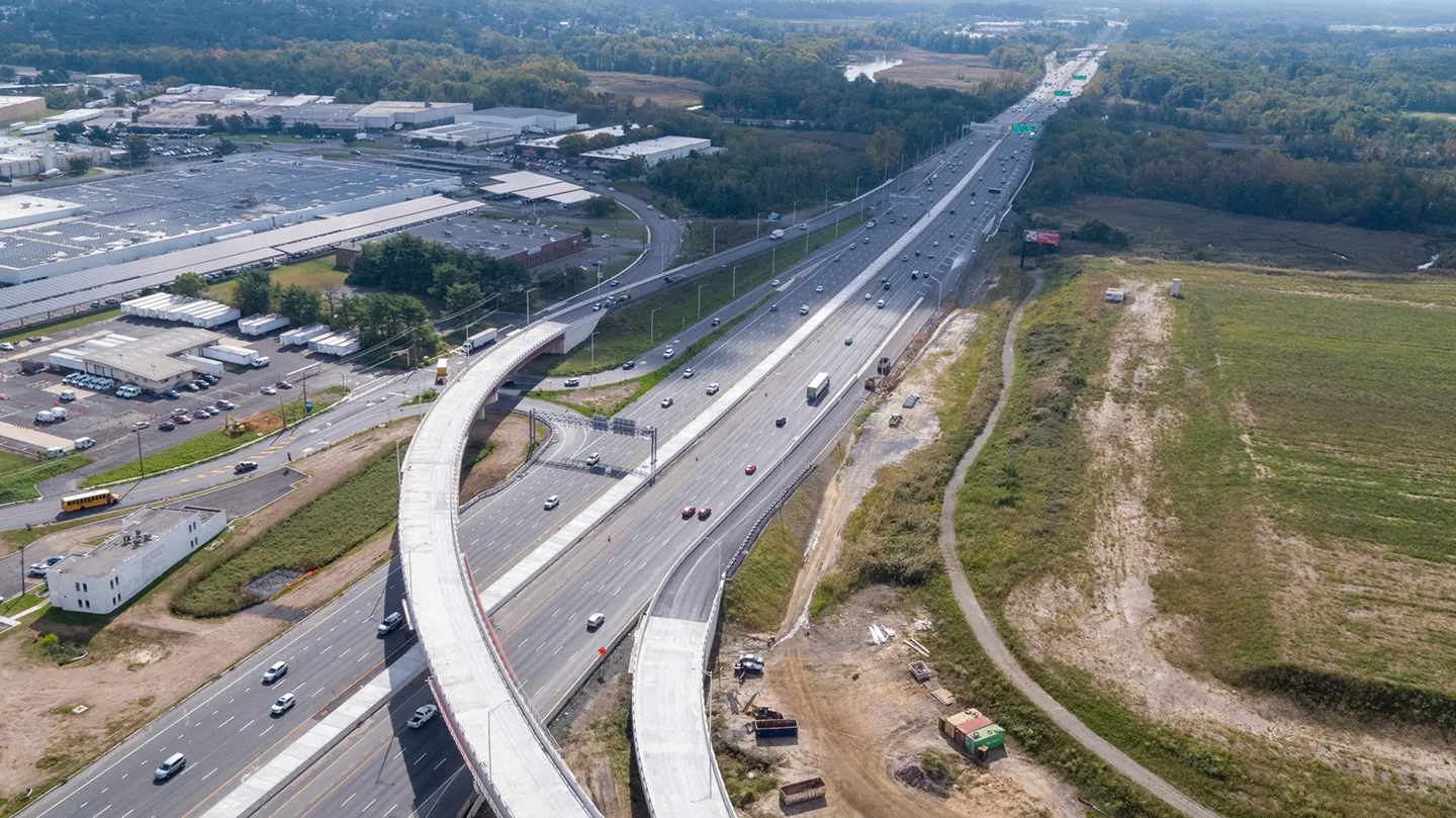 A southeast view of newly constructed ramps over Route 42.