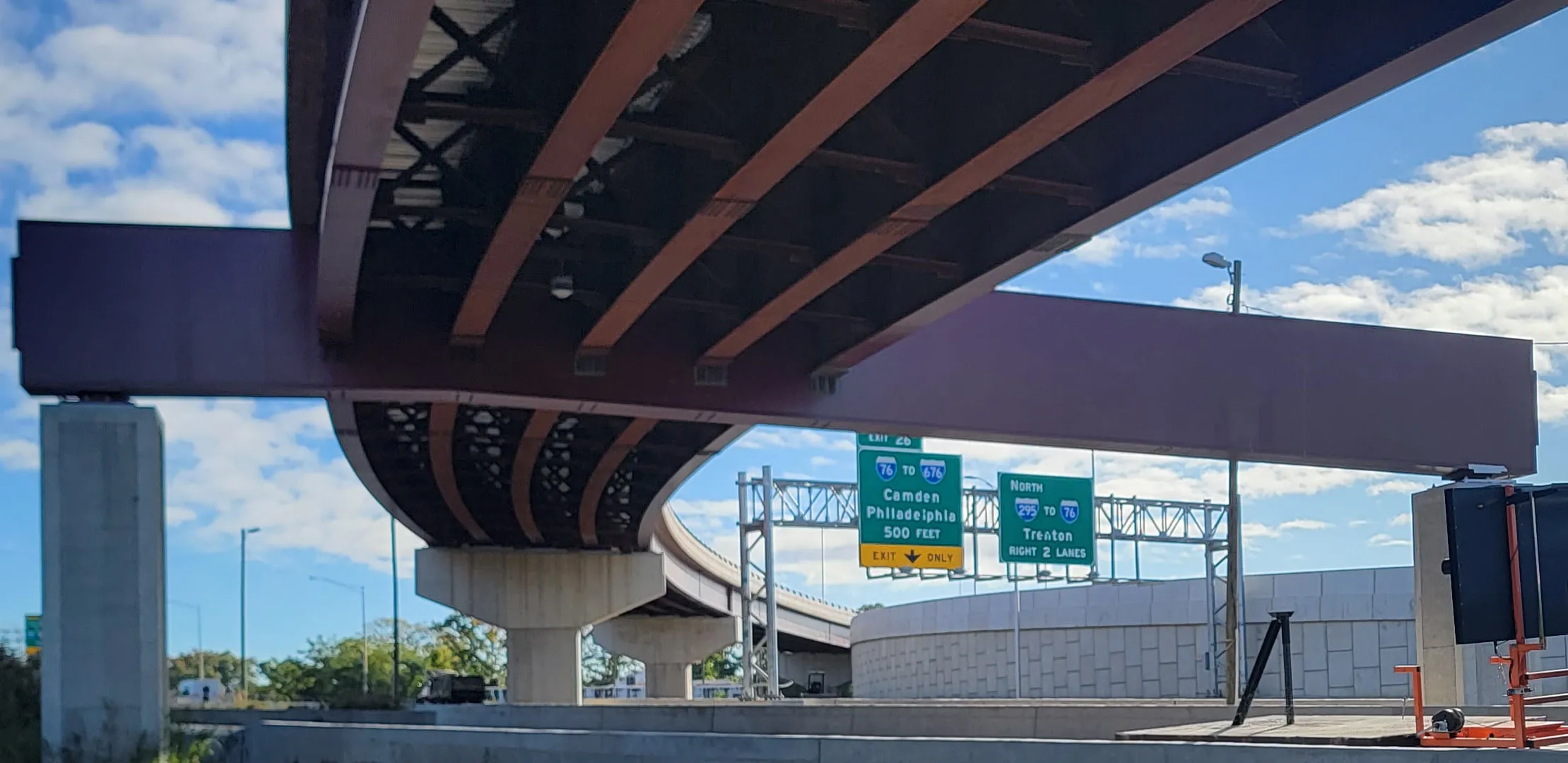 View of transverse box girder and structural framing of the bridge spanning I-295.