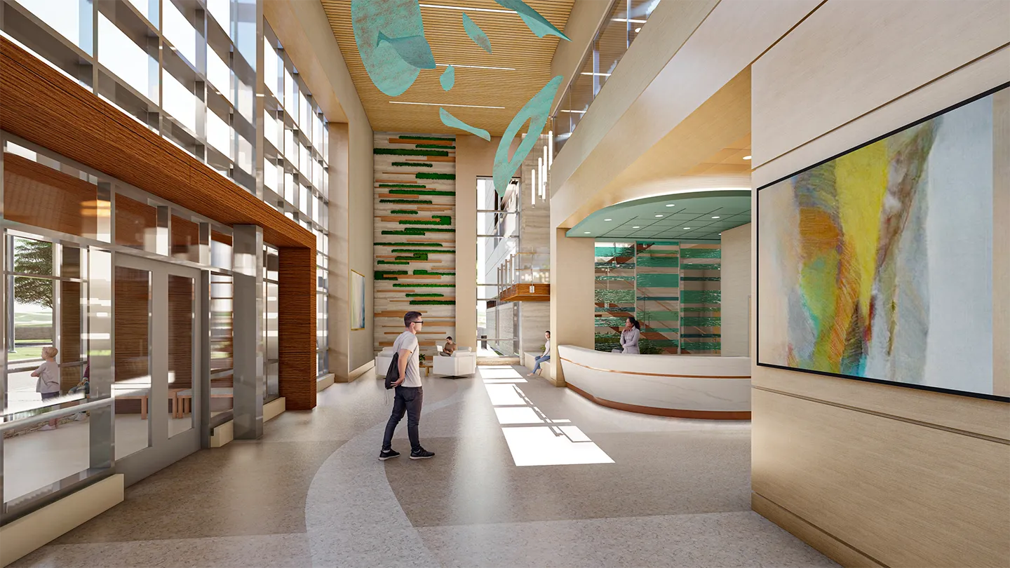 Biophilic elements, including natural limestone and wood-look detailing, are used to create restorative environments.