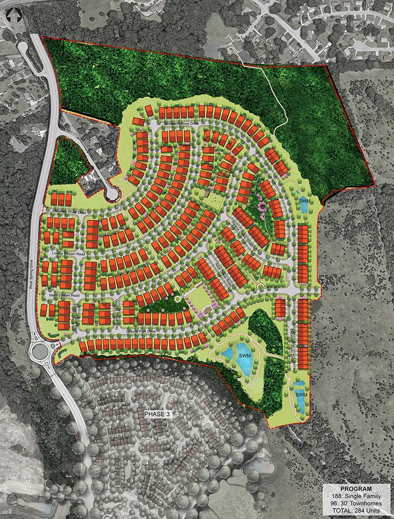 Phase 4: An active adult community with single family homes and townhomes in a pedestrian centric layout, including several amenities such as a dog park, butterfly gardens, a park with a pavilion and a bocce court, and walking trails.