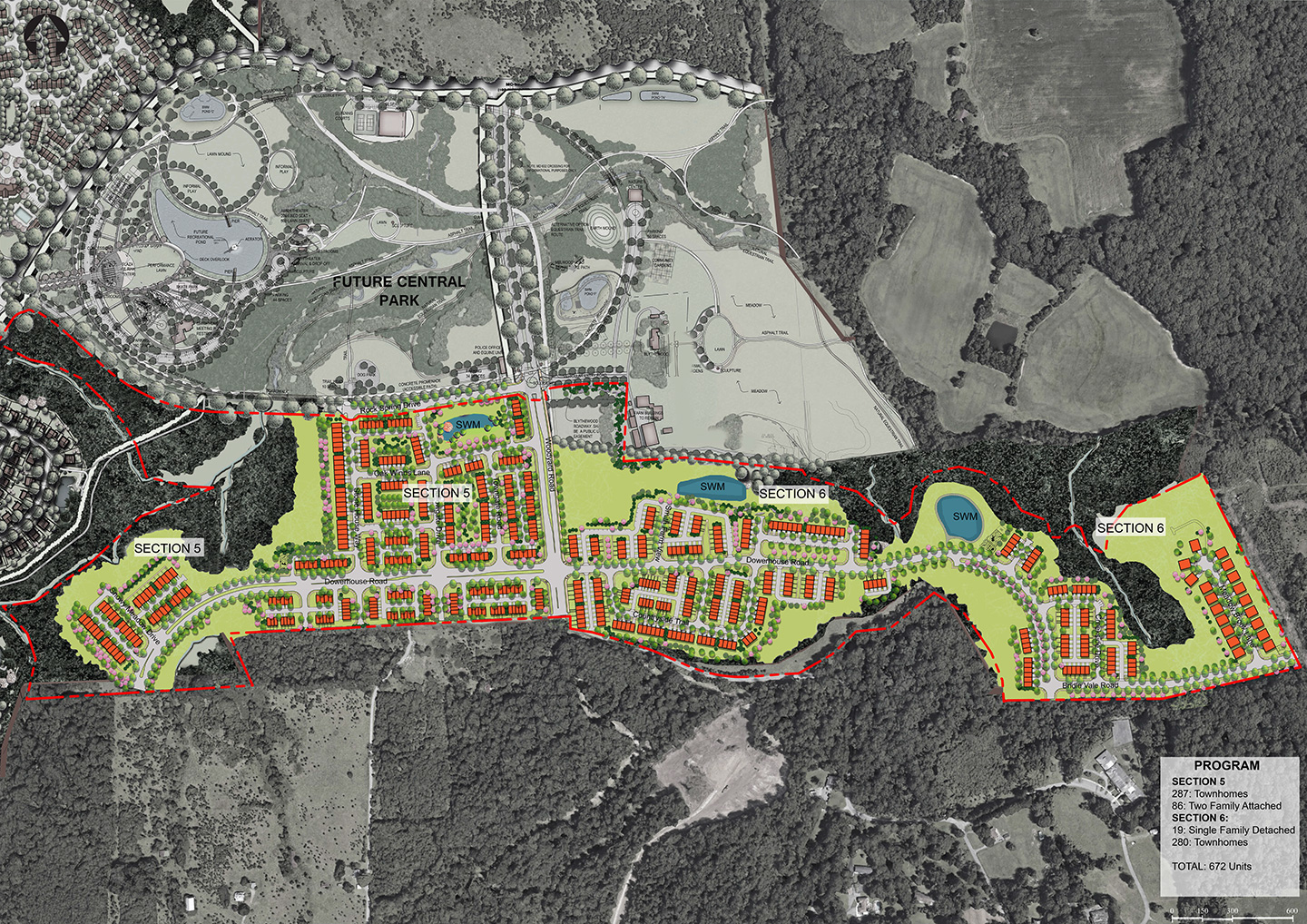 Phase 5 and 6: A community with single family homes, townhomes, and condos. This site has amenities, including playgrounds, ponds, and walking paths. This project is directly south of Westphalia Central Park.