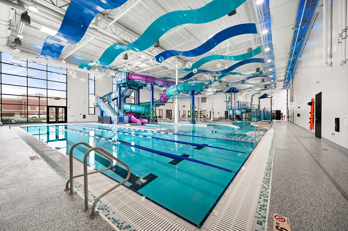Three 20-yard lap lanes and an underwater-themed indoor waterpark were designed into the facility.